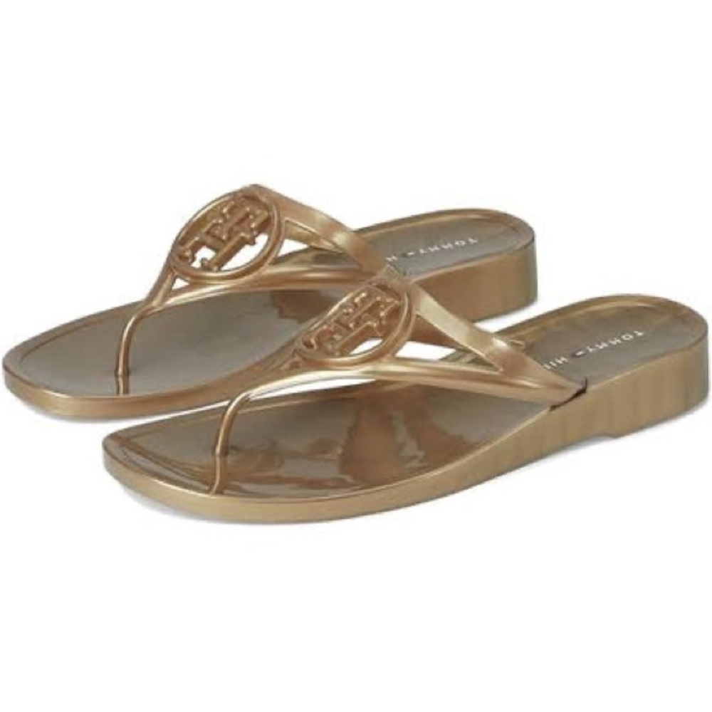 Tommy Hilfiger Women's Vedna Cutout Logo Jelly Thong Sandals- Gold- Size 6